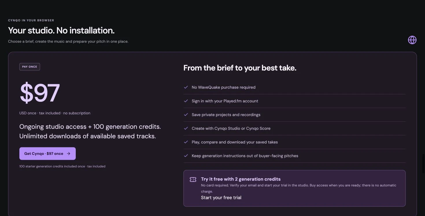 Cynqo’s actual pricing section shows one-time access, starter credits, the trial and optional generation packs.