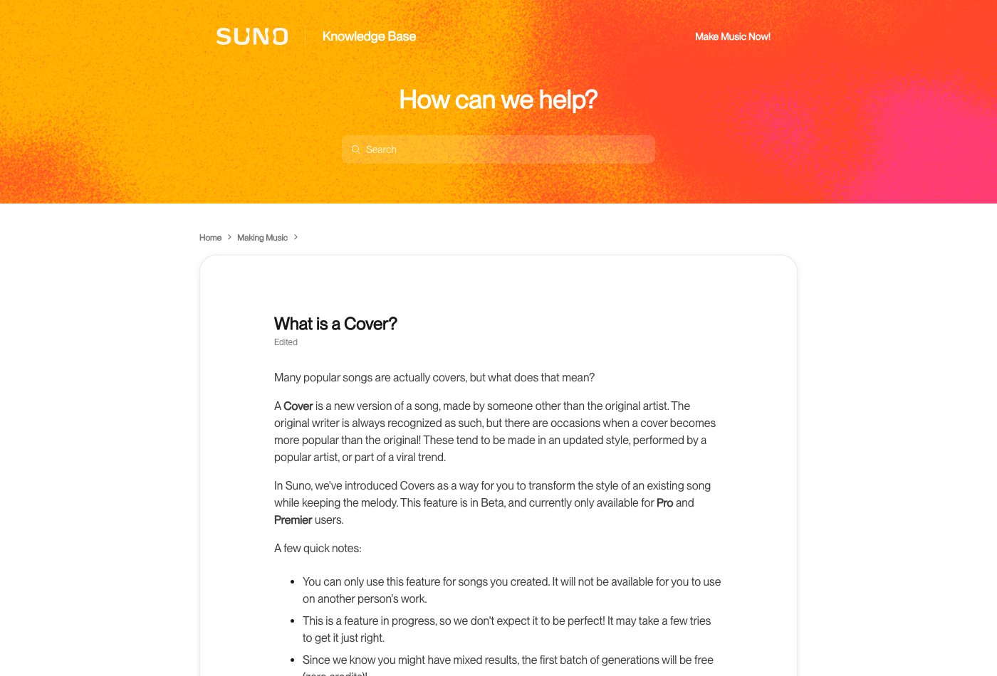 Suno's Cover documentation explaining a new stylistic interpretation