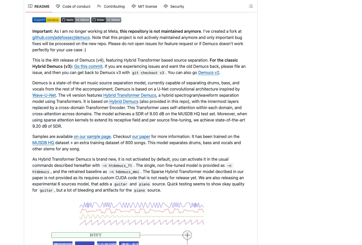 Demucs official repository and music-source-separation documentation