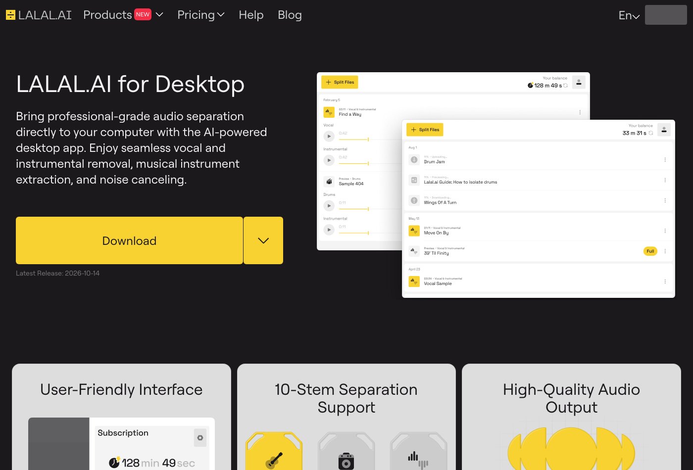 LALAL.AI desktop application page and separation workflow