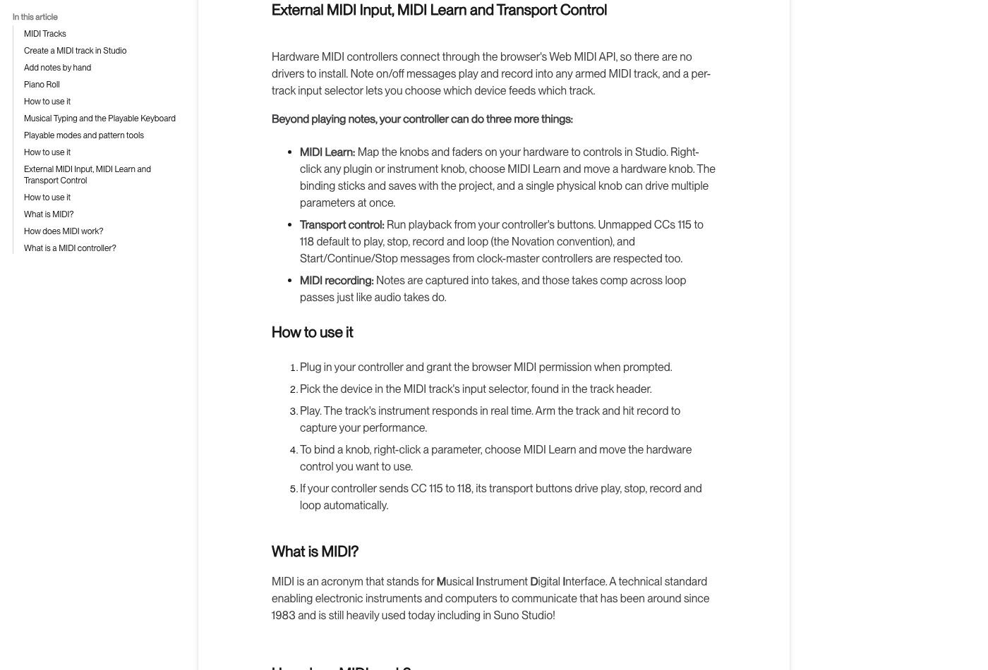 Suno's documentation for external MIDI input and controller mapping