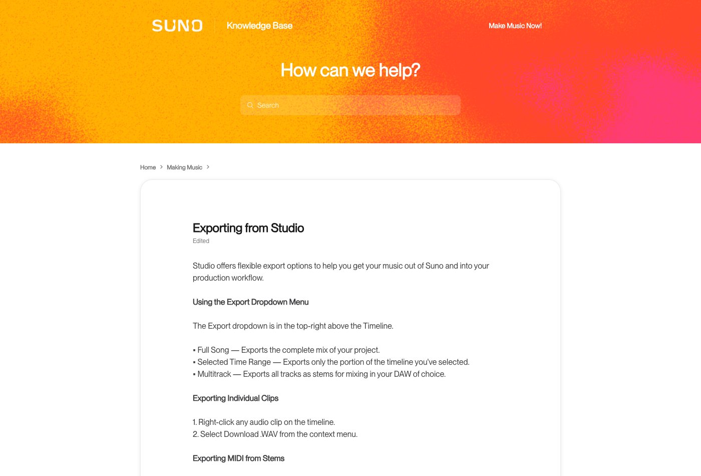 Suno's current Studio export documentation, including MIDI from stems