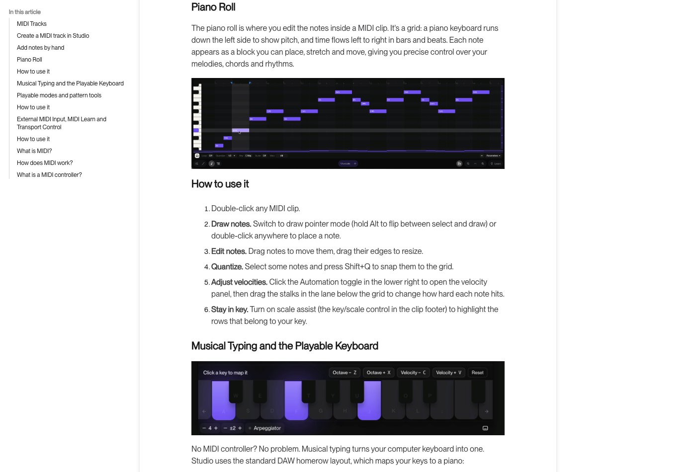 Suno's piano-roll documentation showing note editing and quantization controls