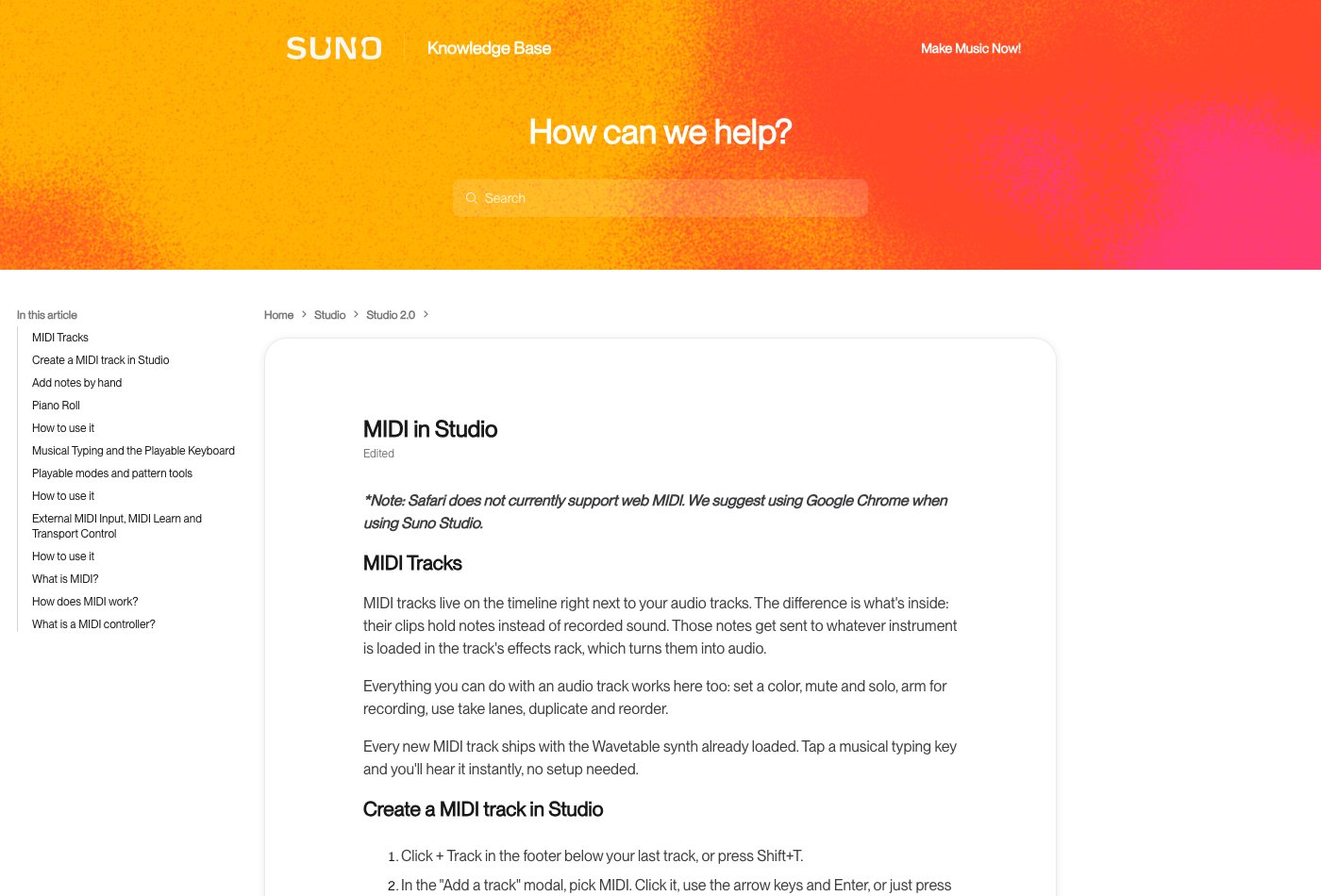 Suno Studio MIDI documentation introducing note tracks