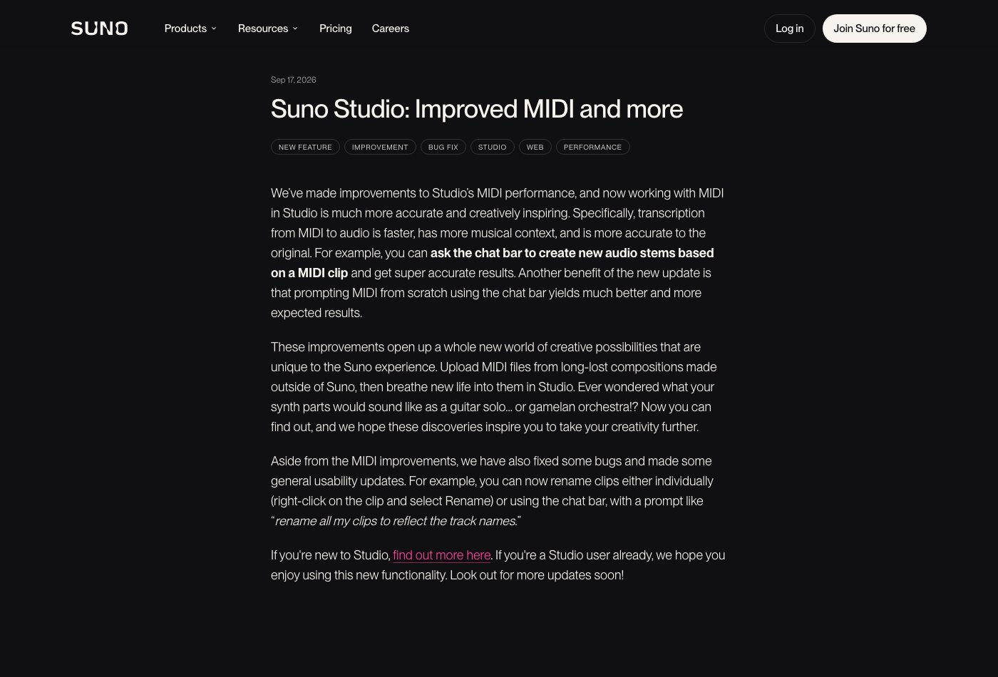 Suno's September release note describing improved MIDI workflows