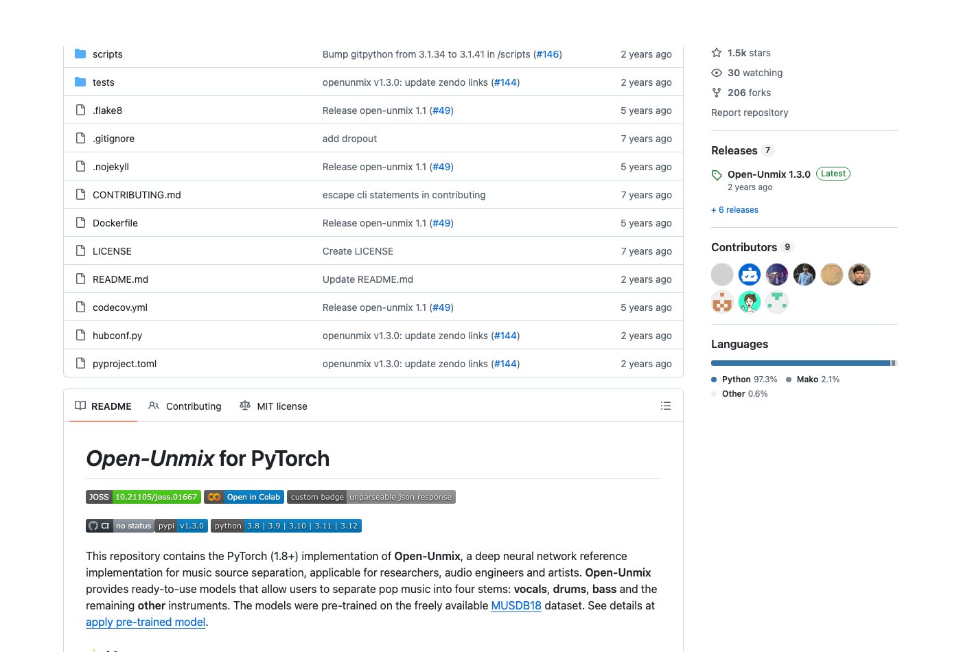 Open-Unmix official repository and pretrained separation documentation