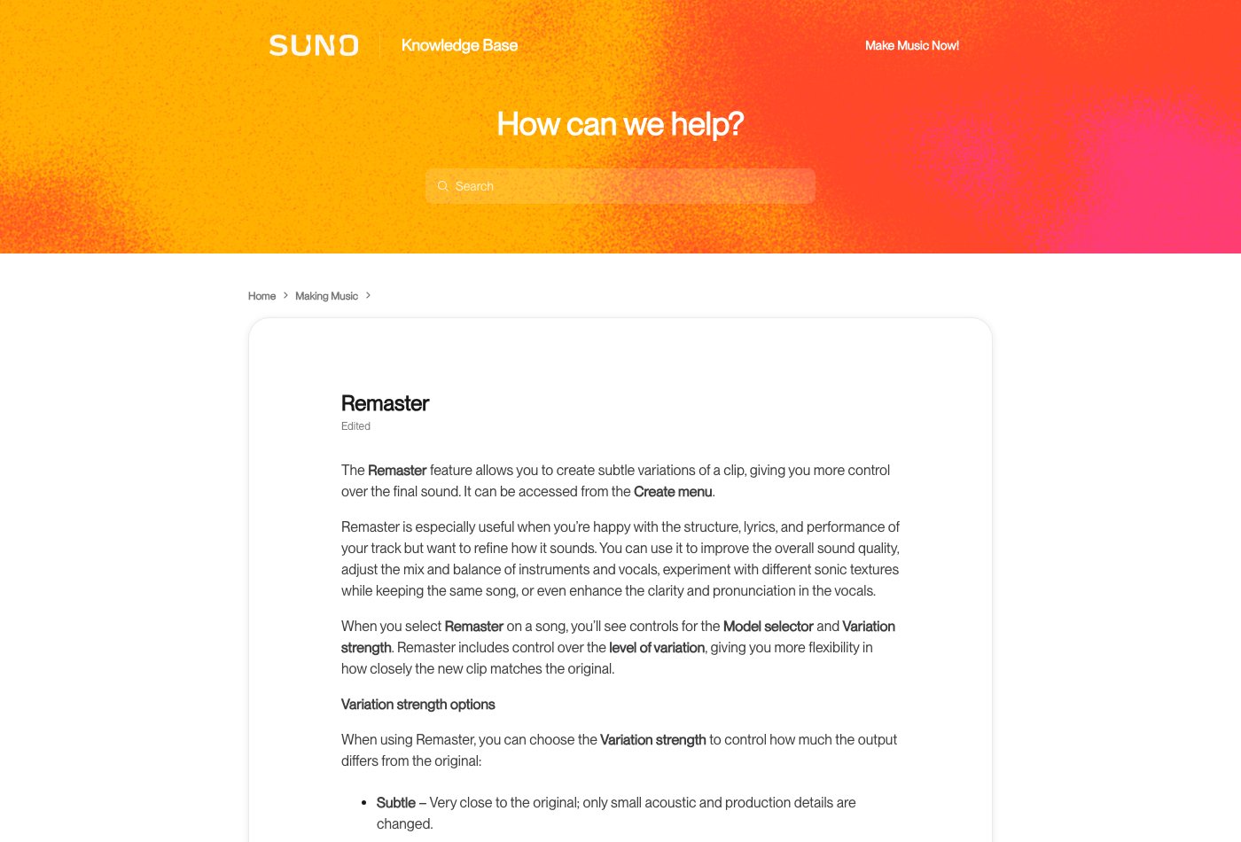 Suno's Remaster help page describing variation strengths