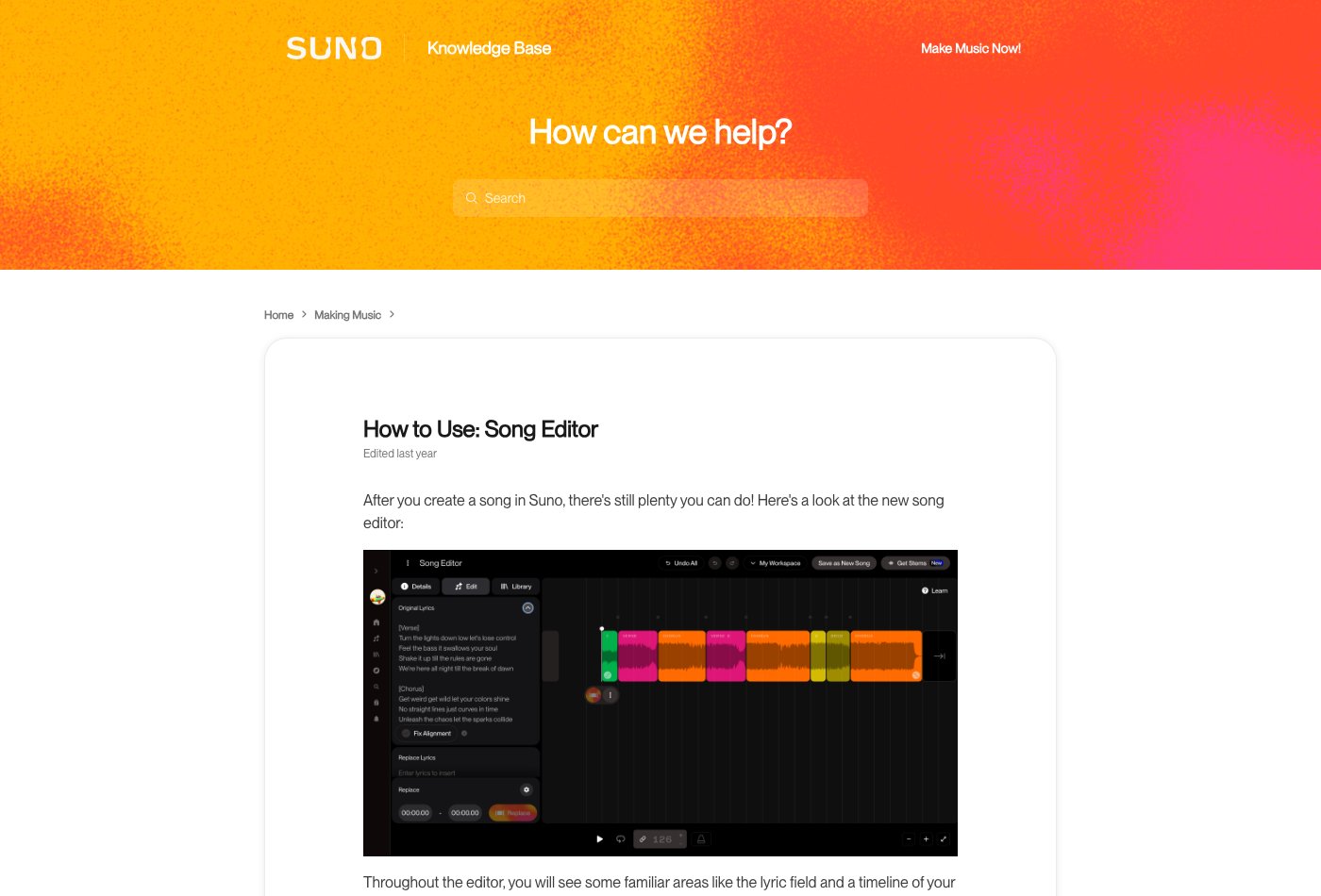 Suno's Song Editor documentation for targeted editing