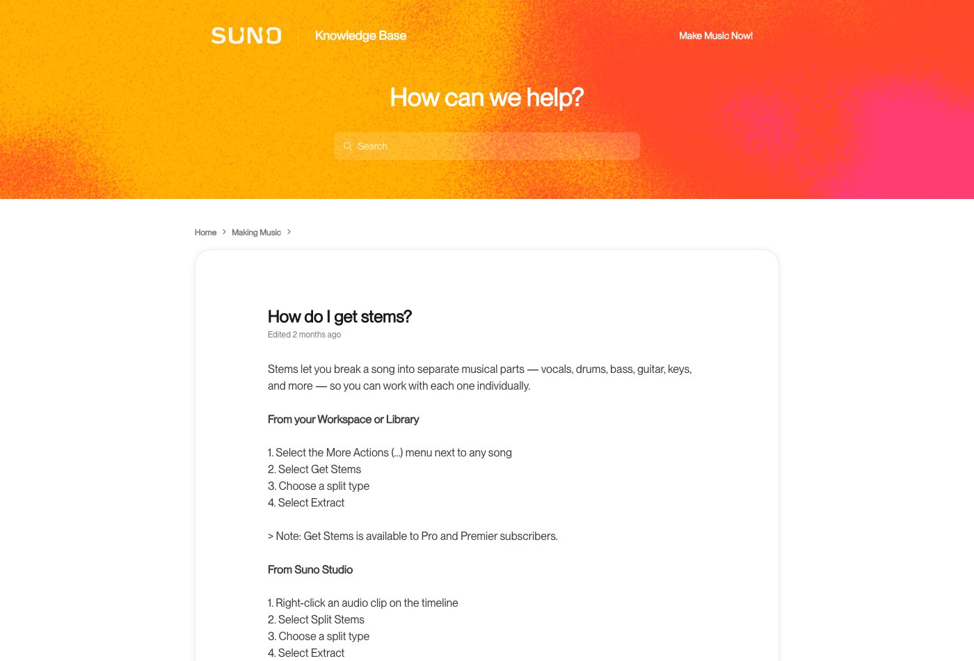 Suno's September help page describing stem-extraction methods