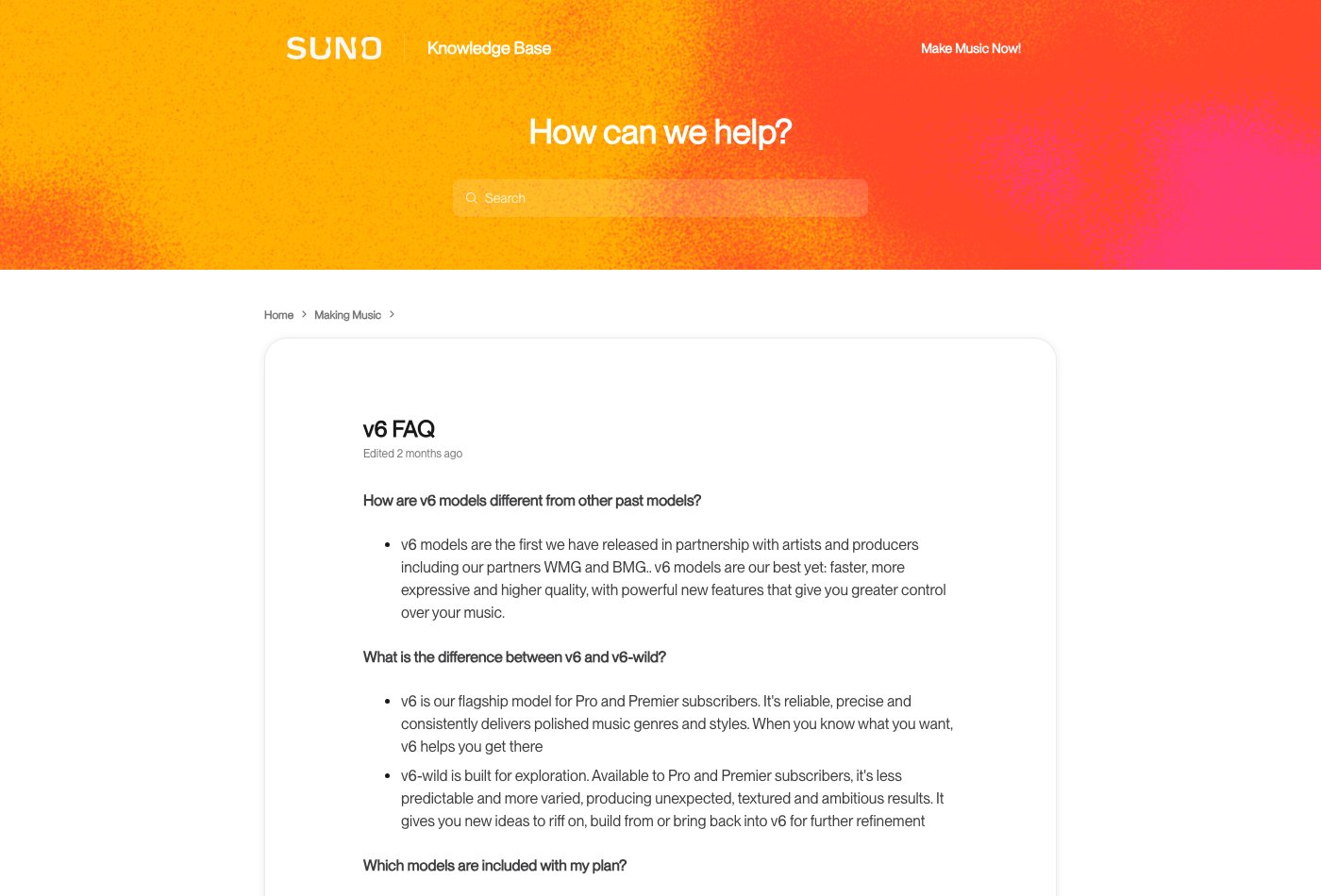 Suno's V6 FAQ covering model changes and existing recordings