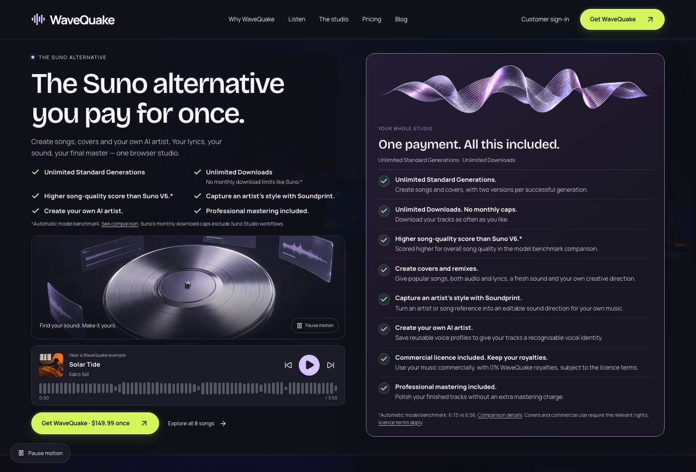 WaveQuake homepage showing the browser studio offer, example player and included features