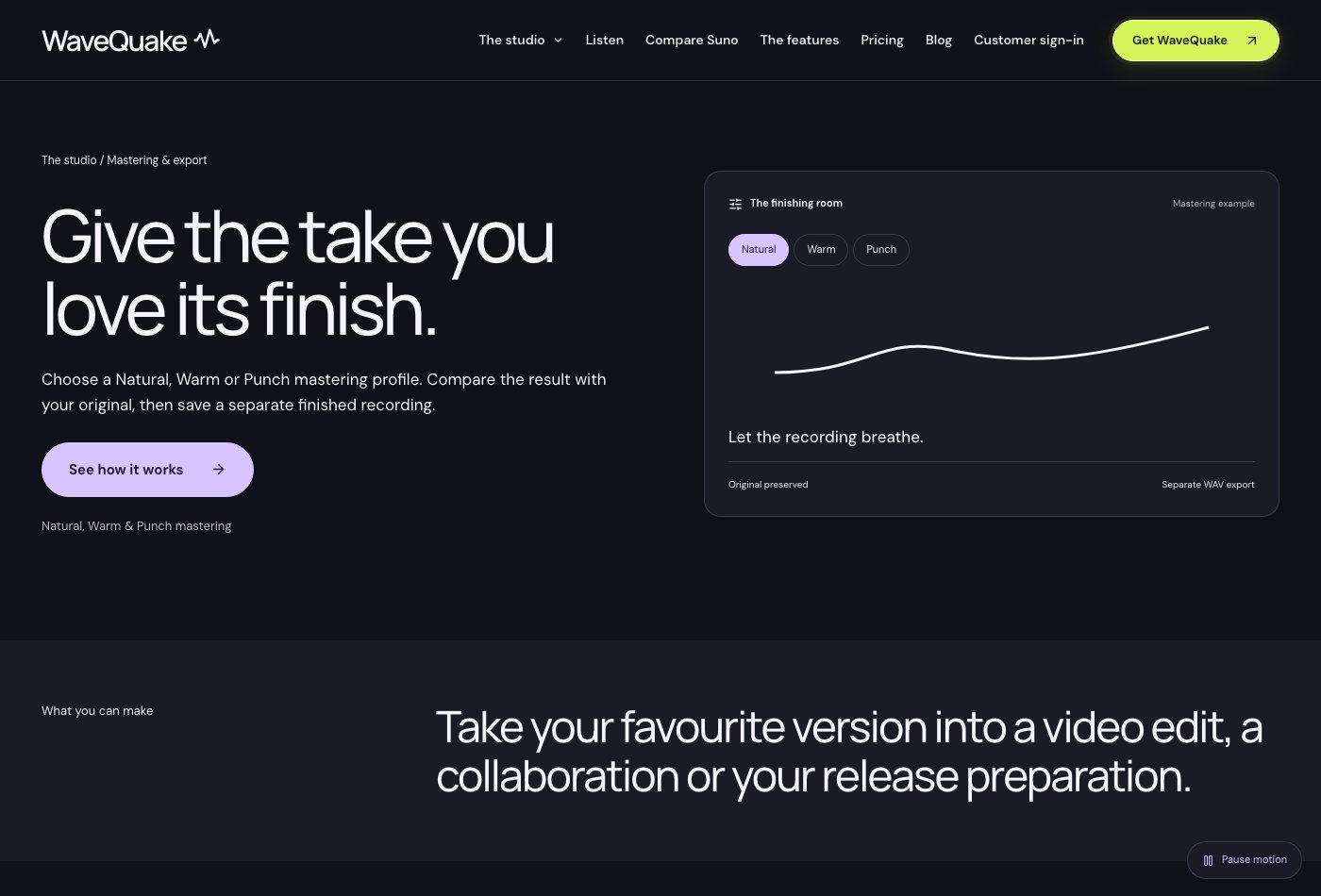 WaveQuake's mastering feature page describing its finishing workflow
