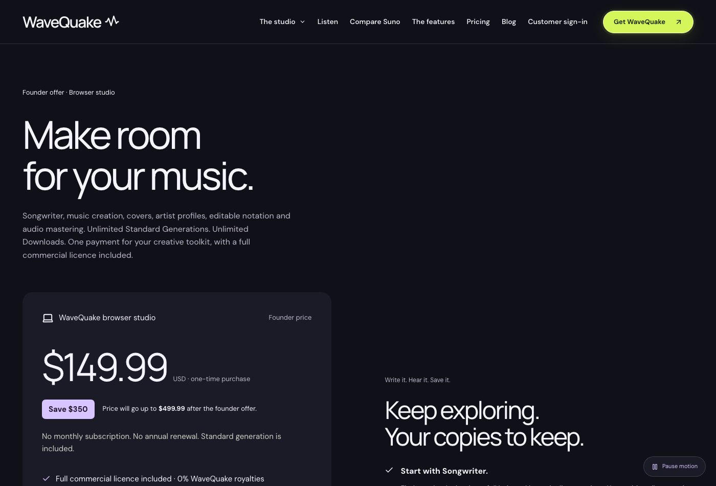 WaveQuake pricing page with the one-time founder offer