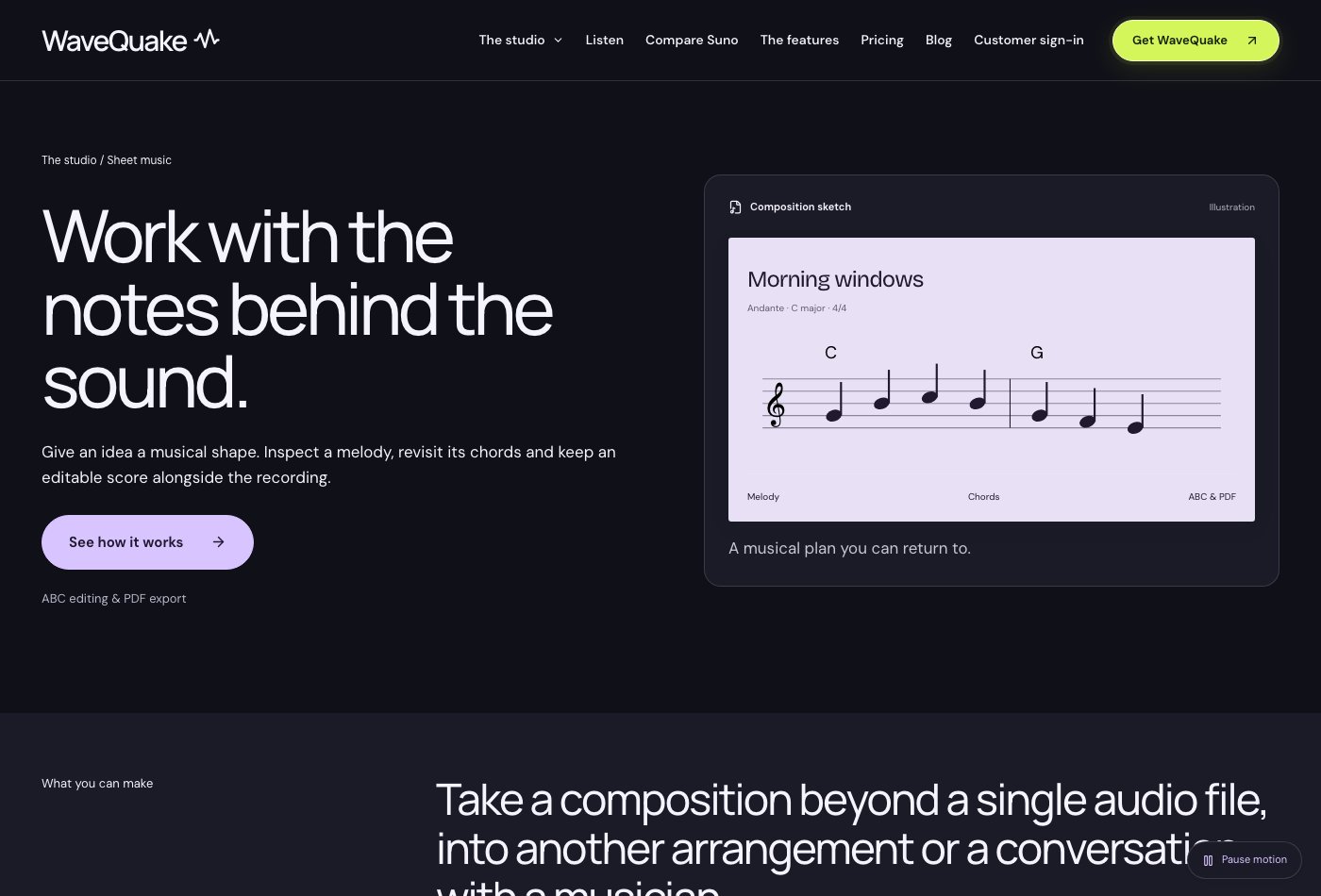 WaveQuake's sheet-music feature page for editable notation and printable sketches