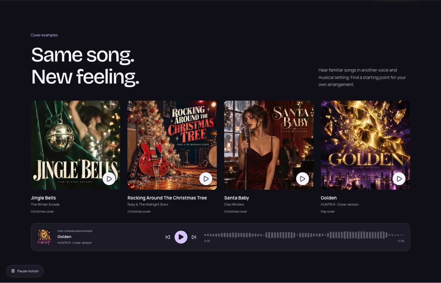 WaveQuake cover examples showing four familiar-song interpretations