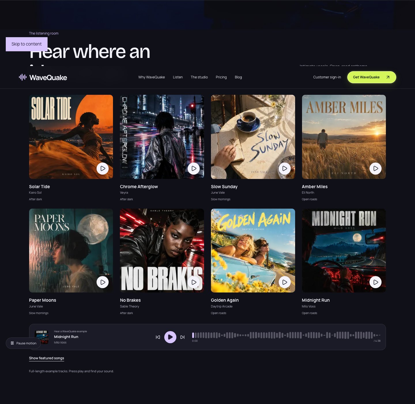 All eight WaveQuake listening-room examples expanded on the website