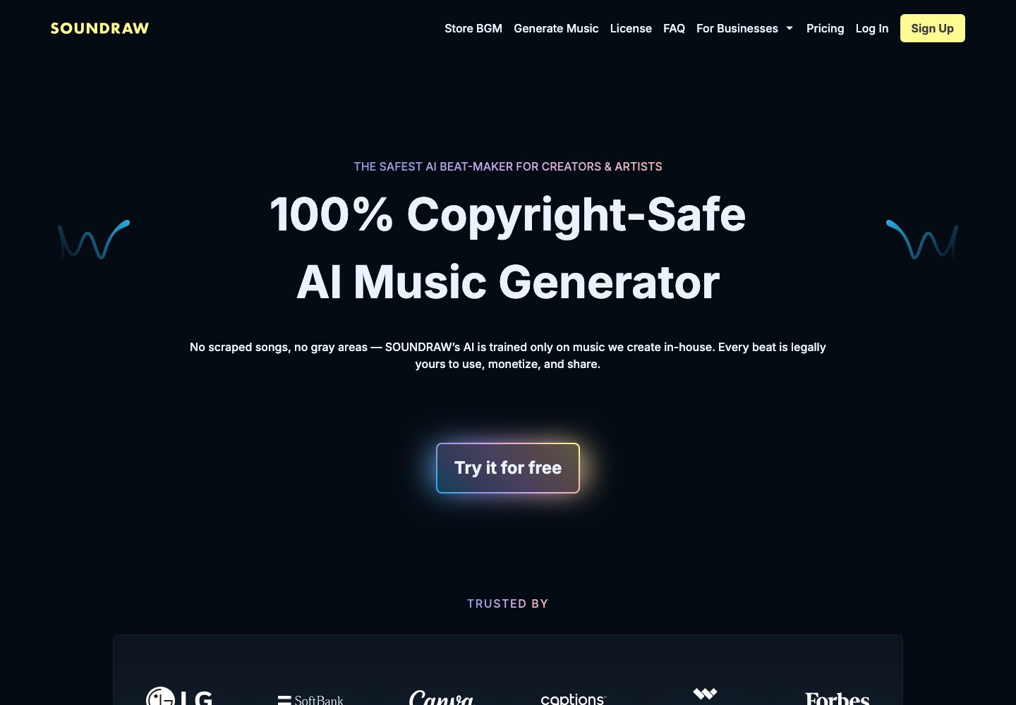 SOUNDRAW homepage presenting its beat-making offer