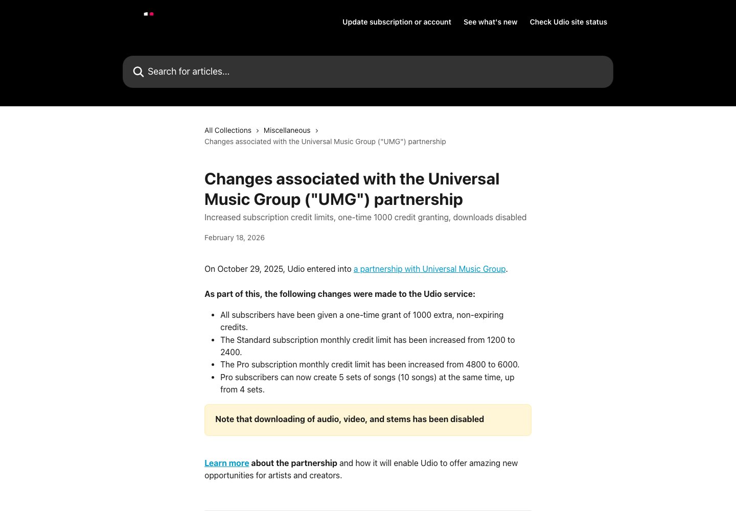 Udio official help page highlighting disabled audio, video and stem downloads