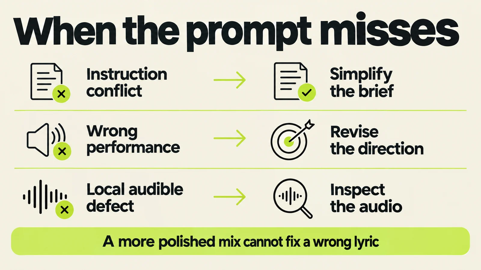 Prompt troubleshooting separates instruction conflicts, wrong performances and local audible defects.