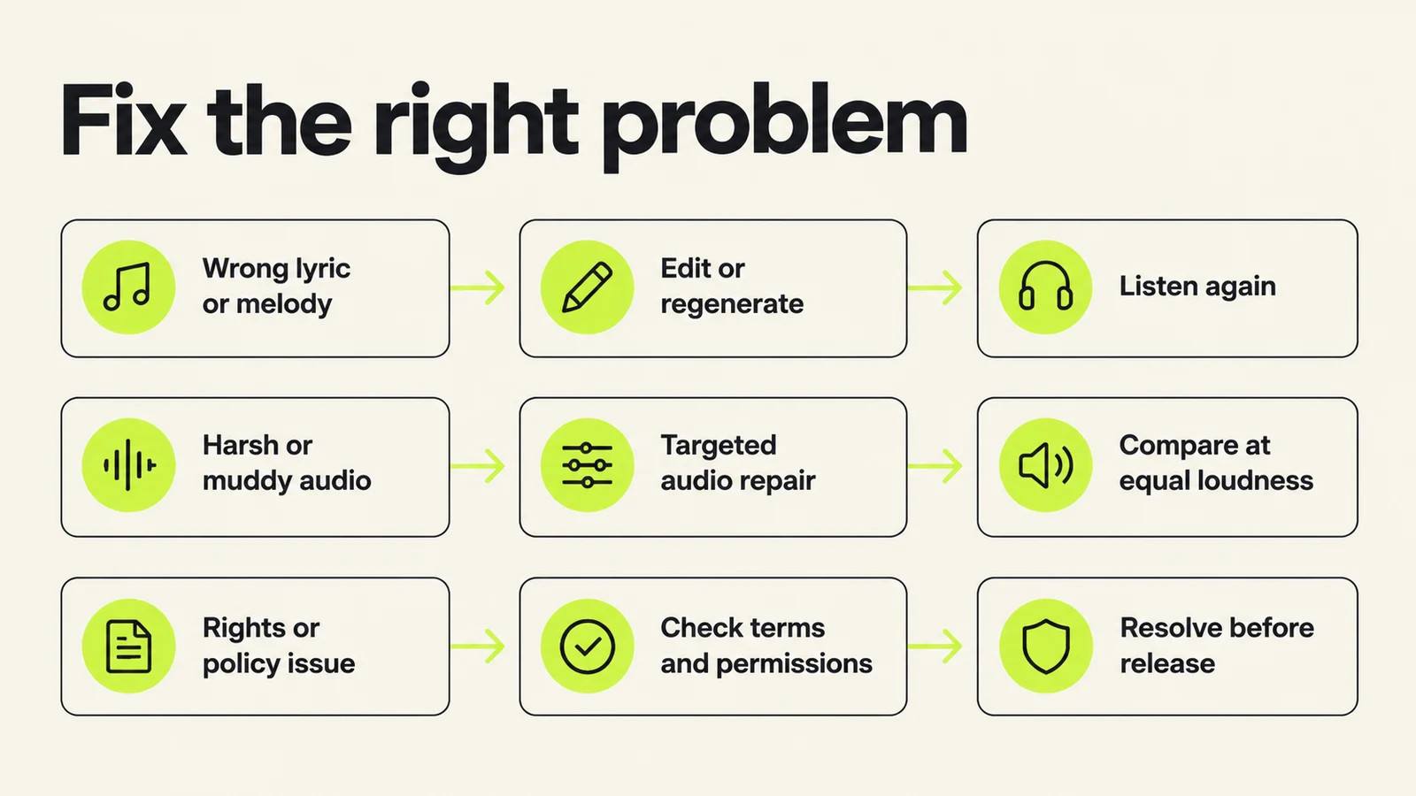 Three independent troubleshooting lanes: performance edits, audio repair and resolving rights or policy issues.