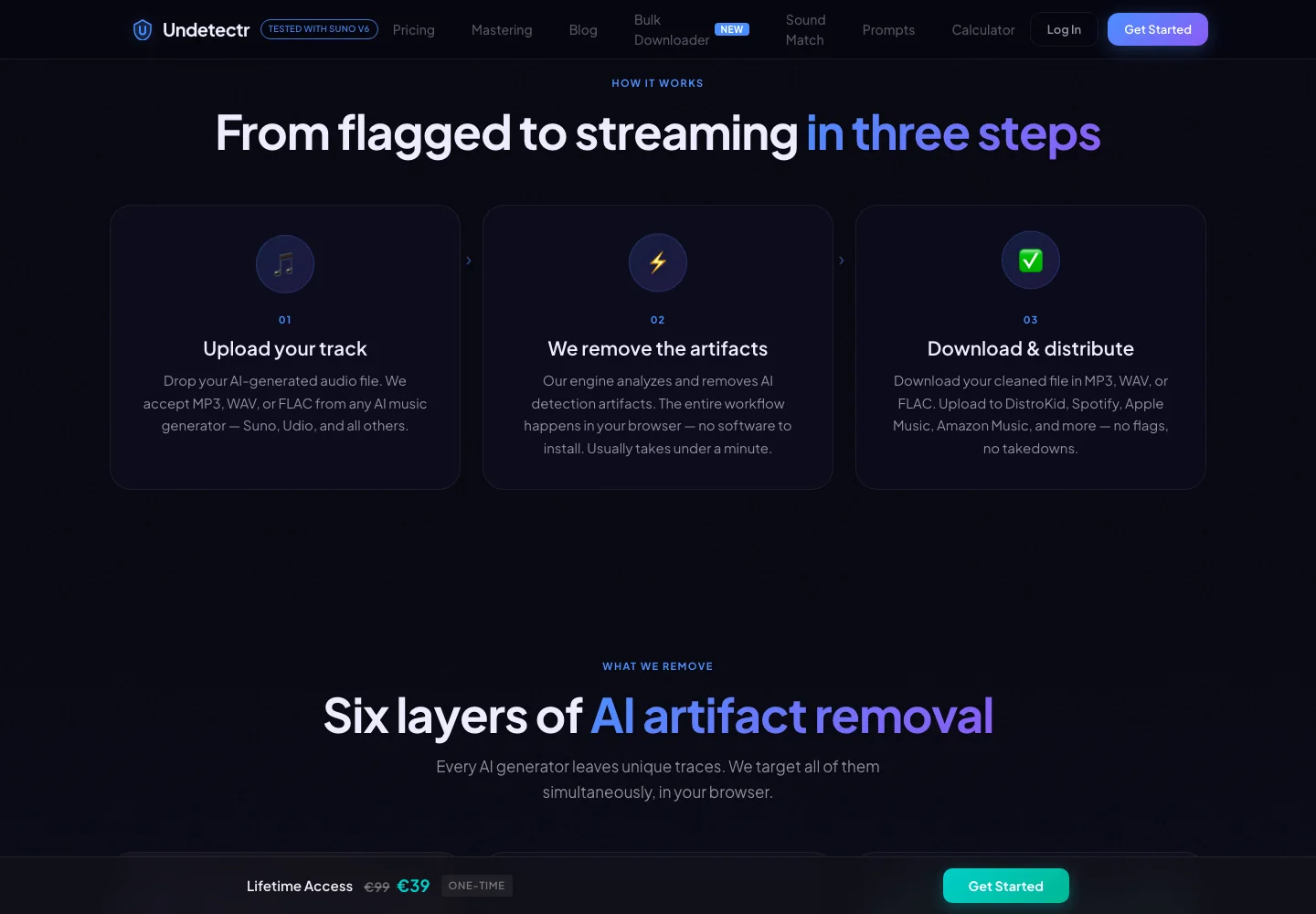 Undetectr’s upload, process and download workflow, captured 30 October 2026.