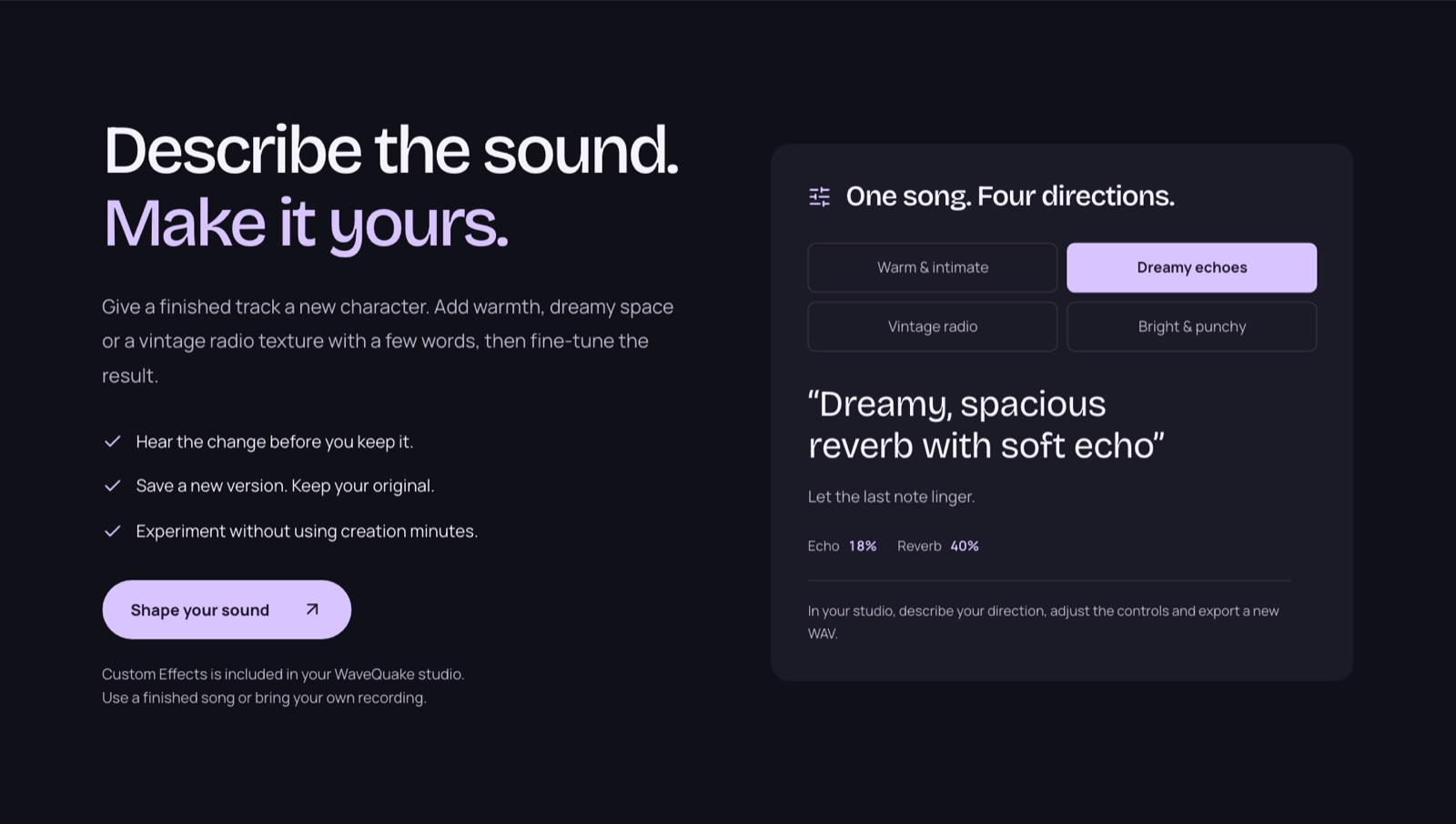 WaveQuake Custom Effects section describing a sound change in plain language with echo and reverb settings