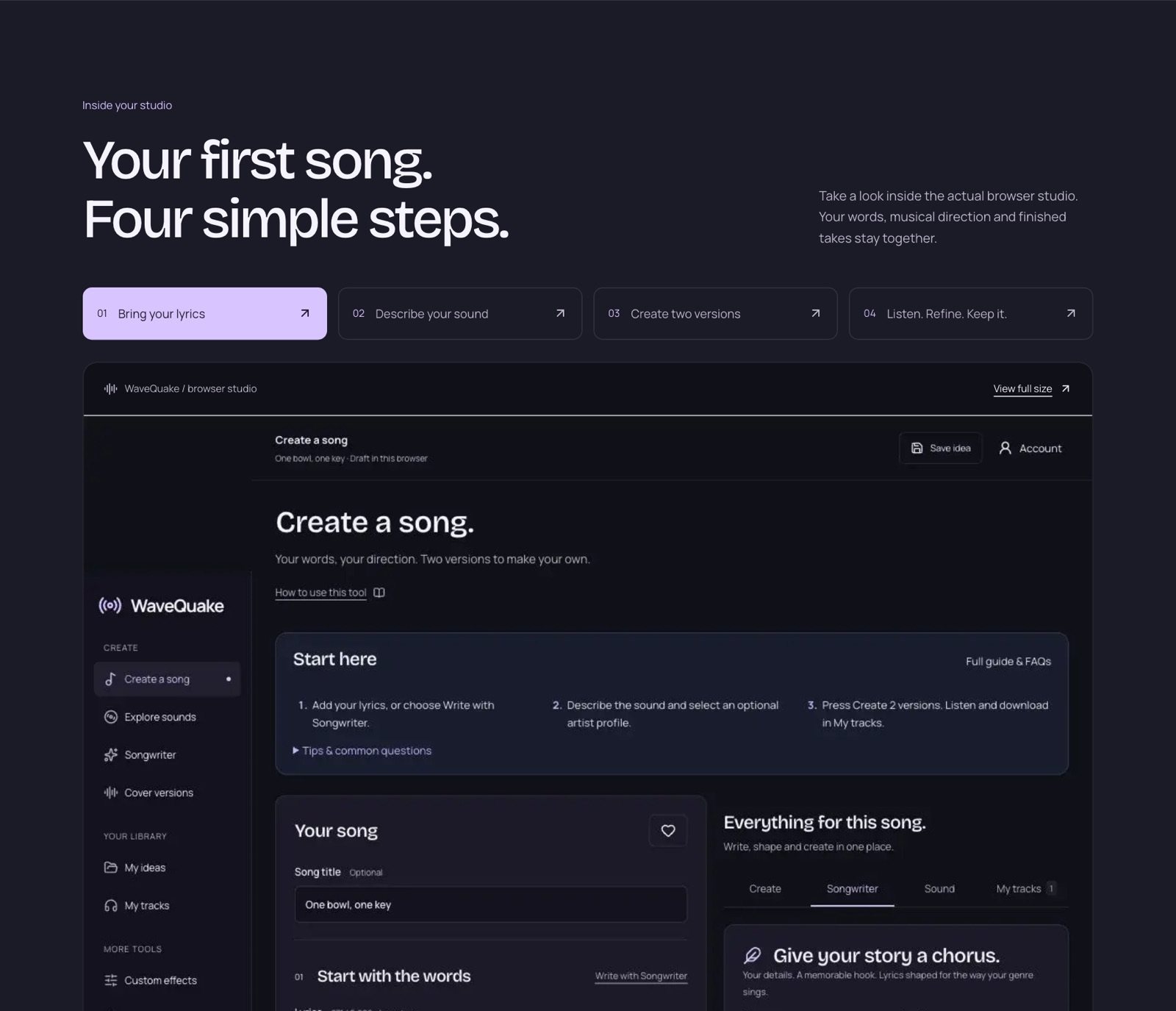 WaveQuake four-step studio tour showing the Create a song workspace