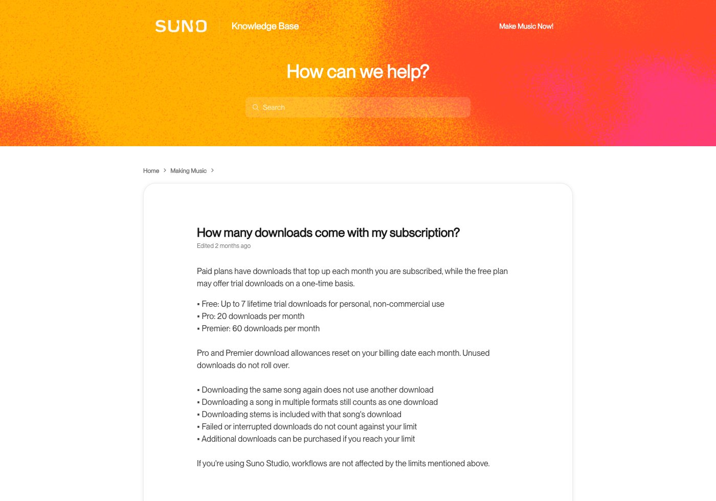Suno help page lists the monthly download allowances for its subscription tiers.
