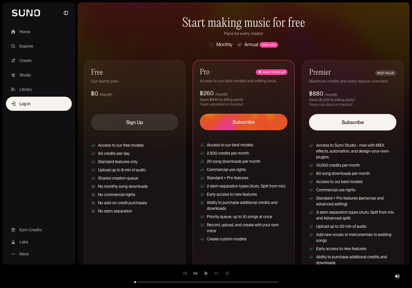 Suno pricing shows Pro and Premier subscription plans and their included features.
