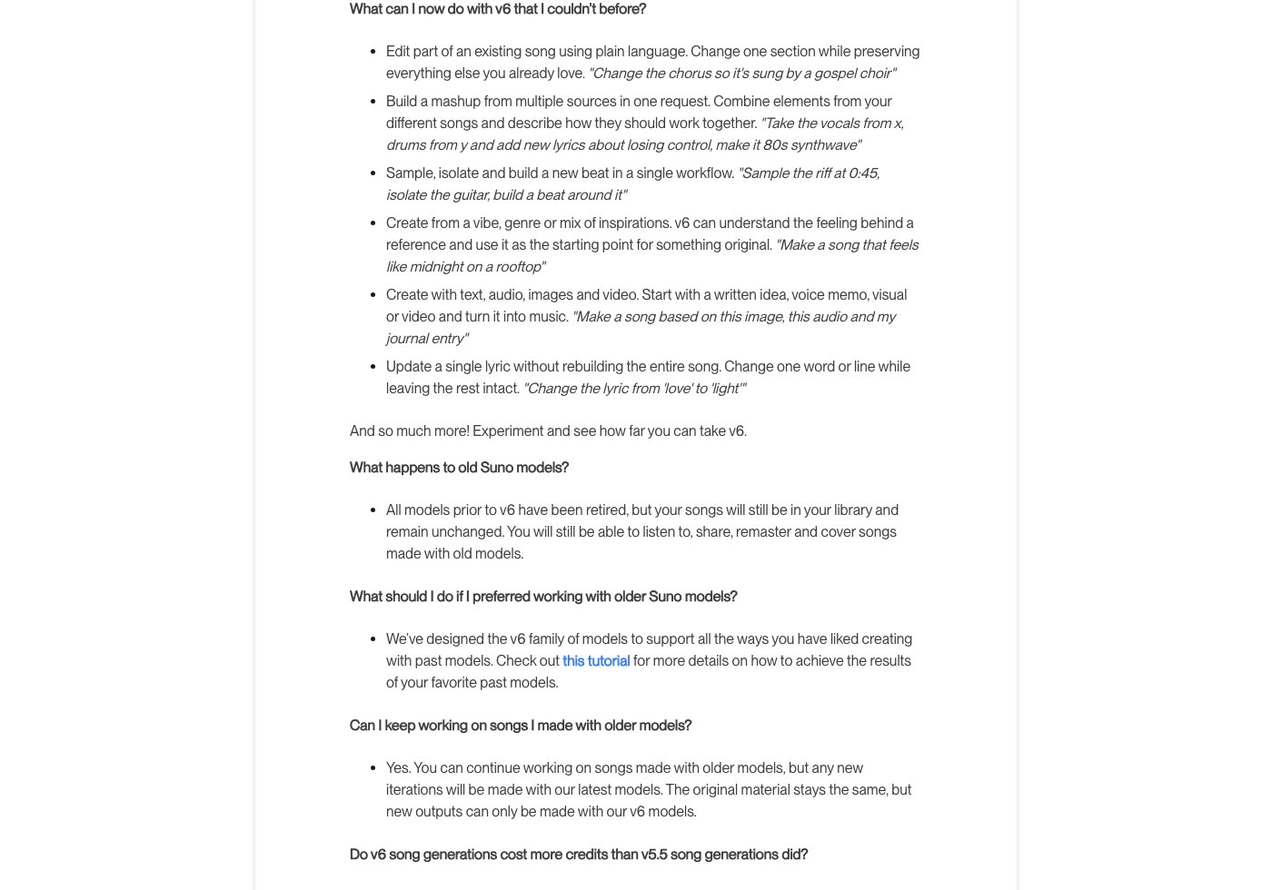 Suno V6 FAQ describes section editing, multi-source inputs and individual lyric changes.