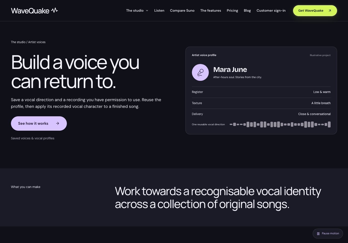 WaveQuake artist-profile page presents reusable vocal direction for creative projects.