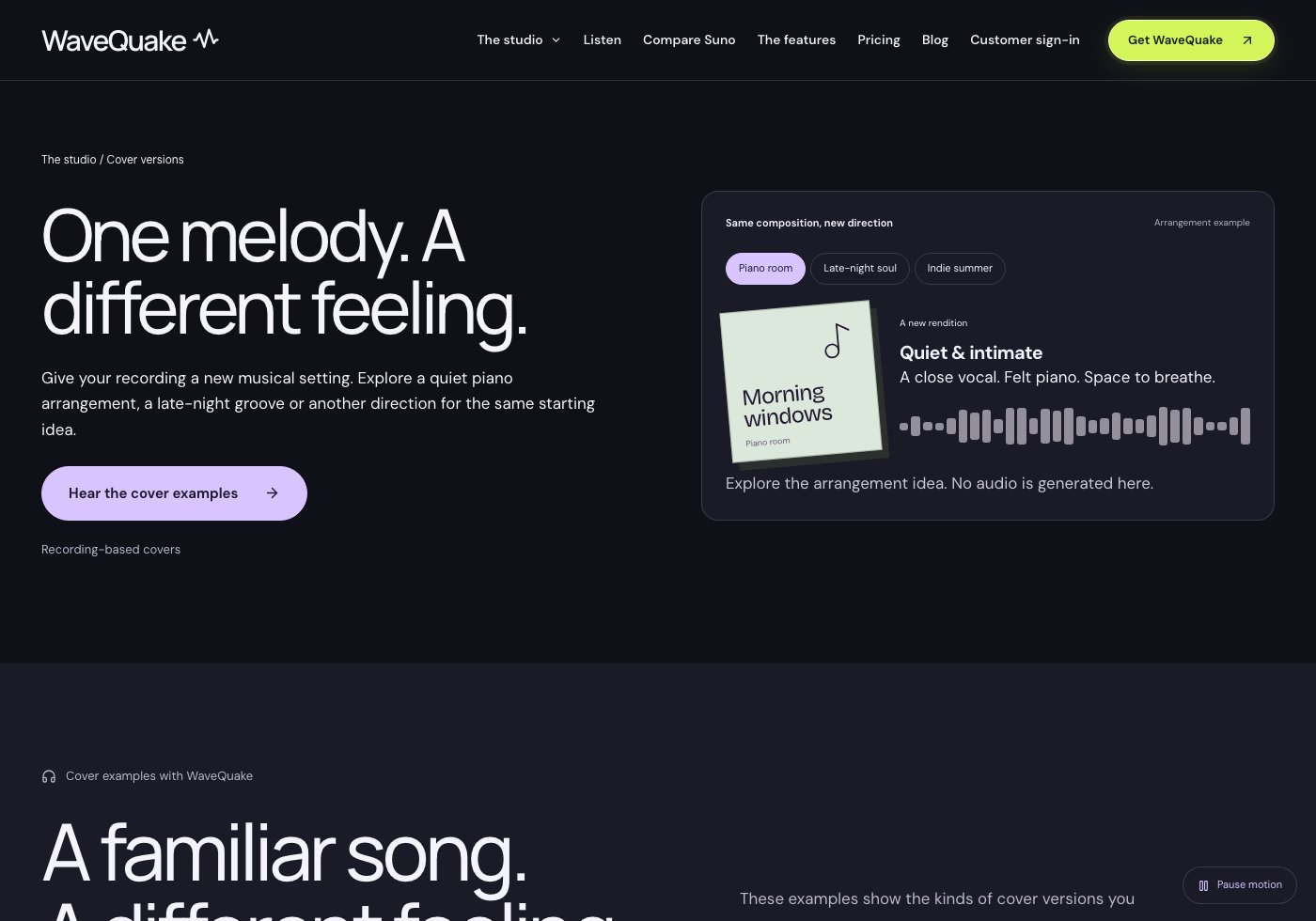 WaveQuake cover-versions page explains reworking a permitted recording with a new musical direction.