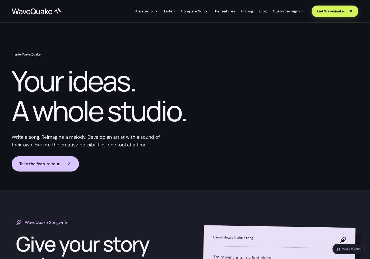 WaveQuake feature catalogue connects writing, music creation, covers, artist profiles and finishing tools.