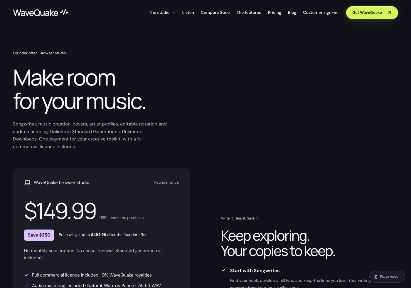 WaveQuake pricing displays the $149.99 one-time founder offer and included standard generations.